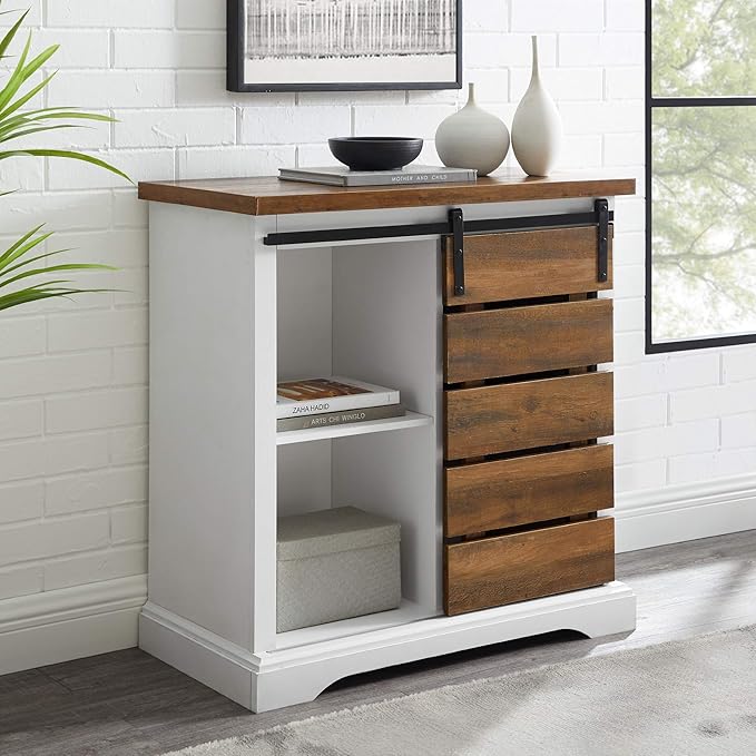 Walker Edison Willa Modern Farmhouse Sliding Single Slat Door Storage Console, 32 Inch, White and Rustic Oak - LeafyLoom
