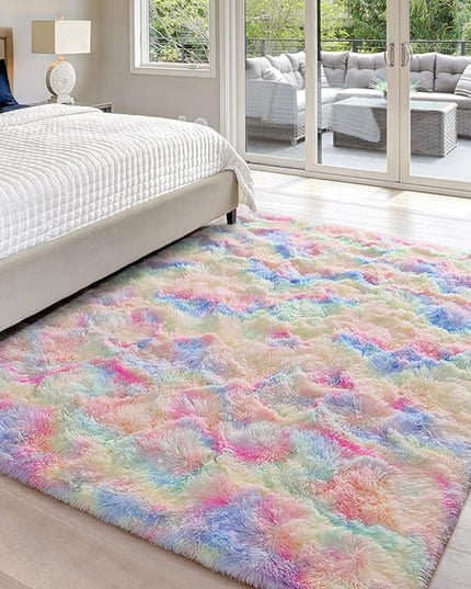 4x6 Large Area Rugs for Living Room, Super Soft Fluffy Modern Bedroom Rug, Tie-Dyed Rainbow Indoor Shag Fuzzy Carpets for Girls Kids Nursery Room Home Decor - LeafyLoom