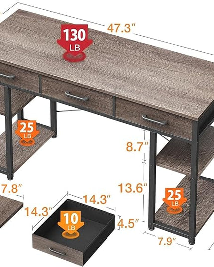ODK Office Small Computer Desk: Home Table with Fabric Drawers & Storage Shelves, Modern Writing Desk, Grey Oak, 48"x16" - LeafyLoom