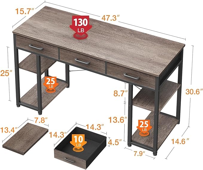 ODK Office Small Computer Desk: Home Table with Fabric Drawers & Storage Shelves, Modern Writing Desk, Grey Oak, 48"x16" - LeafyLoom