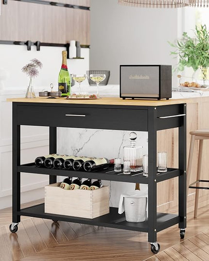 Shintenchi Kitchen Island Cart with Storage,Rolling Kitchen Island Side Table on Wheels with Large Worktop,Storage Cabinet,Towel Rack,Drawers and Open Shelves for Kitchen,Dinning Room,Black - LeafyLoom
