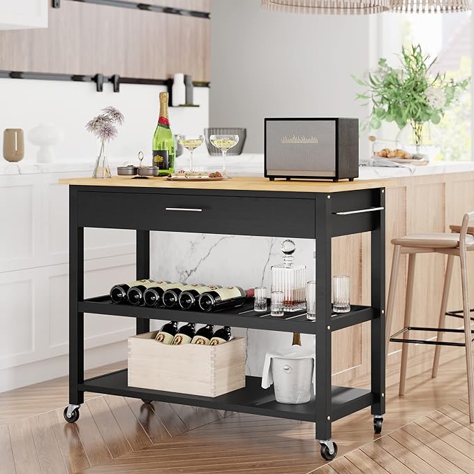Shintenchi Kitchen Island Cart with Storage,Rolling Kitchen Island Side Table on Wheels with Large Worktop,Storage Cabinet,Towel Rack,Drawers and Open Shelves for Kitchen,Dinning Room,Black - LeafyLoom