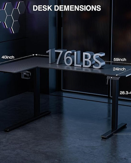 59" Reversiable L-Shaped Electric Standing Desk Adjustable Height Gaming Stand Up Corner Desk Sit Stand Home Office Computer Desk with Splice Board,Black Carbon Top - LeafyLoom