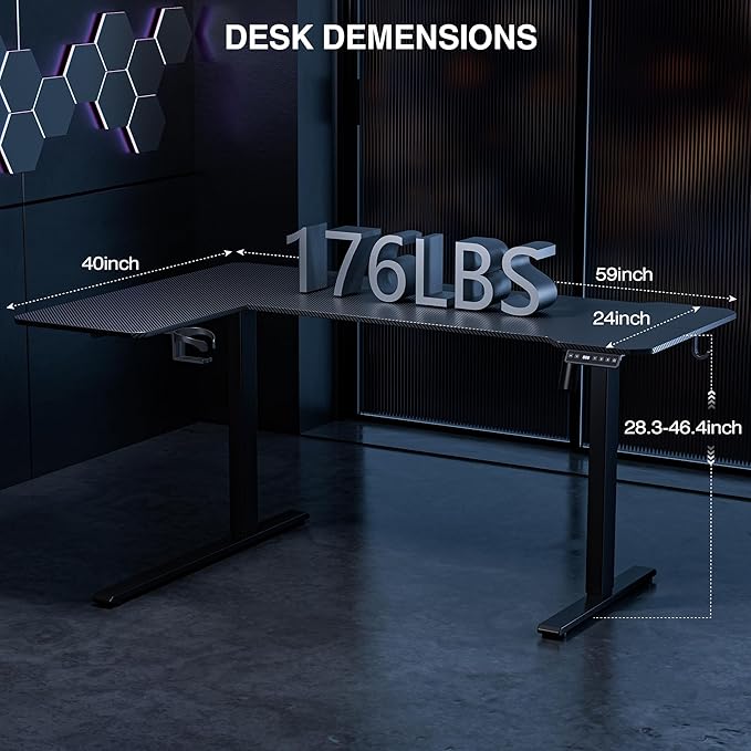 59" Reversiable L-Shaped Electric Standing Desk Adjustable Height Gaming Stand Up Corner Desk Sit Stand Home Office Computer Desk with Splice Board,Black Carbon Top - LeafyLoom