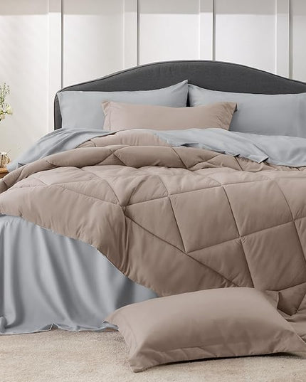 Bedsure Taupe California King Size Comforter Set - 7 Pieces Reversible California King Bed in a Bag King Bed Set with Comforters, Sheets, Pillowcases & Shams, California King Bedding Sets - LeafyLoom