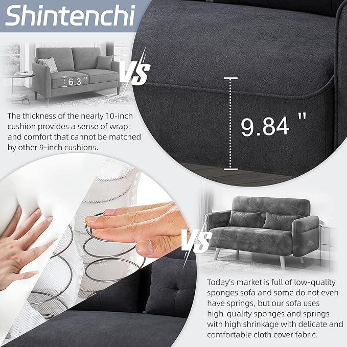 Shintenchi 47" Black Wood Loveseat Sofa, 350 lbs Weight Capacity, Simple Assembly Required - LeafyLoom