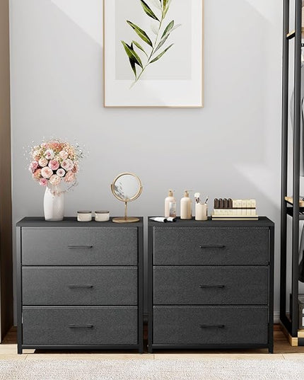 Nightstand with 3 Drawers for Bedroom, Storage Dresser with Fabric Drawers and Metal Frame for Closet, Living Room, Bedside Table with Wood Top, Easy Pull Handle, Black - LeafyLoom