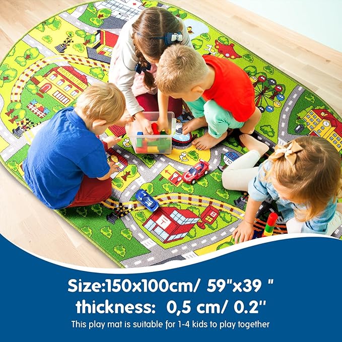 Booooom Jackson Car Rug-Train Rug-Road Rug-Kids Rugs for Playroom-Oval Rug-Car Area Rug-Kid Car Rug Play Mat-Car Mat for Kids Toy Cars-Race Car Track Rug-Car Play Rug for Kids Room-Car Carpet for Kids - LeafyLoom