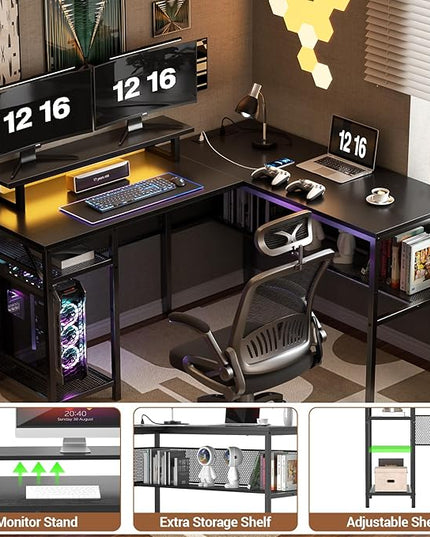 Unikito L Shaped Desk, Reversible Corner Computer Desk with Magic Power Outlets and Smart LED Light, Unique Grid Design, 55 Inch Office Desk with Monitor Stand and Storage Shelf, Black - LeafyLoom
