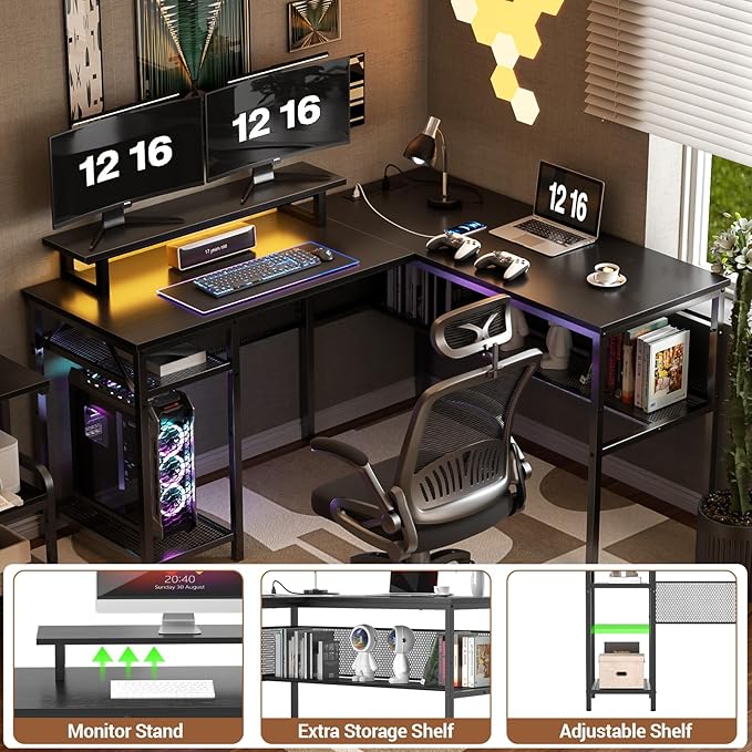 Unikito L Shaped Desk, Reversible Corner Computer Desk with Magic Power Outlets and Smart LED Light, Unique Grid Design, 55 Inch Office Desk with Monitor Stand and Storage Shelf, Black - LeafyLoom
