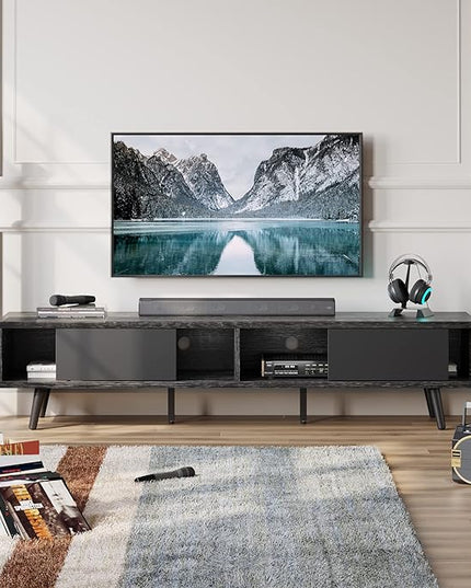 Bestier 70 inch Mid Century Modern Entertainment Center for 75 inch Display, Low Profile with Storage, for Living Room, Cord Management, Black Ash - LeafyLoom