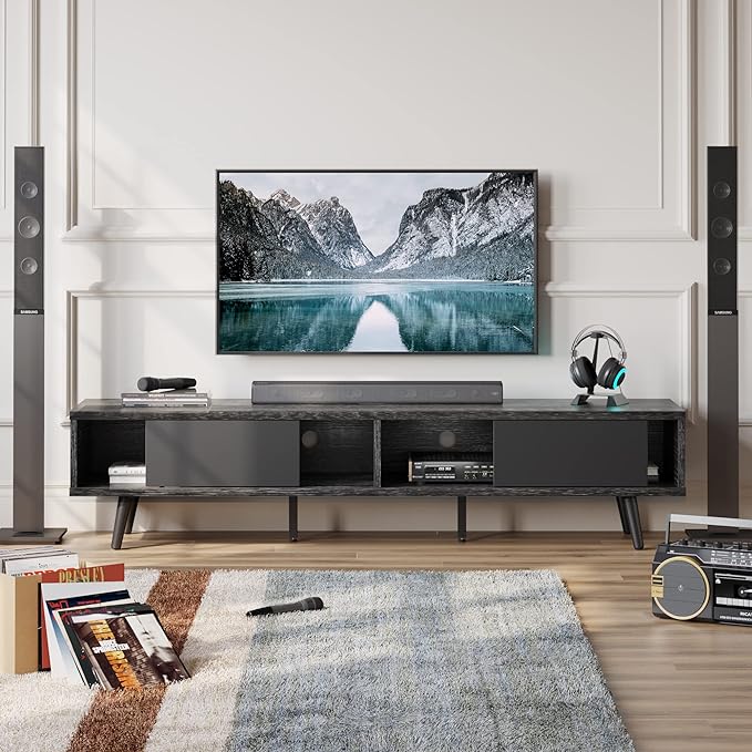 Bestier 70 inch Mid Century Modern Entertainment Center for 75 inch Display, Low Profile with Storage, for Living Room, Cord Management, Black Ash - LeafyLoom