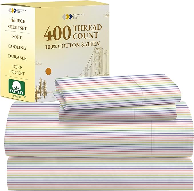 California Design Den Rainbow Stripe Full Sheet Set, 4 Piece 100% Cotton Sheets Deep Pocket, Luxury 400 Thread Count Sateen (Rainbow Striped Sheets) - LeafyLoom
