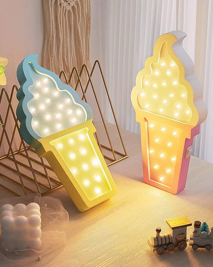 2 Pcs Ice Cream Valentine Romance Atmosphere Light Wooden Ice Cream LED Night Light Ice Cream Theme Valentine Romance Lamps Battery Operated LED Night Lights for Birthday Party Decor (Blue-Yellow) - LeafyLoom