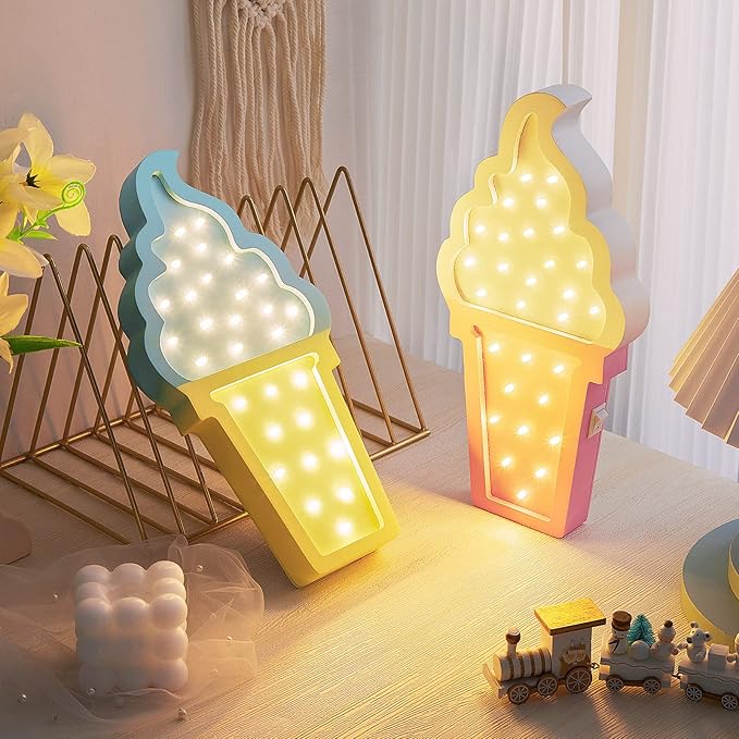 2 Pcs Ice Cream Valentine Romance Atmosphere Light Wooden Ice Cream LED Night Light Ice Cream Theme Valentine Romance Lamps Battery Operated LED Night Lights for Birthday Party Decor (Blue-Yellow) - LeafyLoom