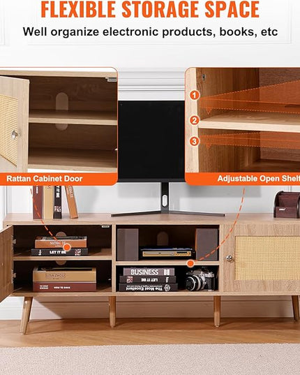 VEVOR Rattan TV Stand, Mid Century Modern TV Stand for 65 inch TV, Boho Rattan TV Cabinet with Build-in Socket and USB Ports, Adjustable Shelfs for Living Room, Media Room, Oak - LeafyLoom