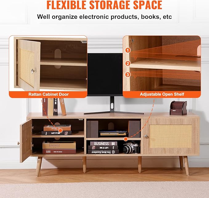 VEVOR Rattan TV Stand, Mid Century Modern TV Stand for 65 inch TV, Boho Rattan TV Cabinet with Build-in Socket and USB Ports, Adjustable Shelfs for Living Room, Media Room, Oak - LeafyLoom