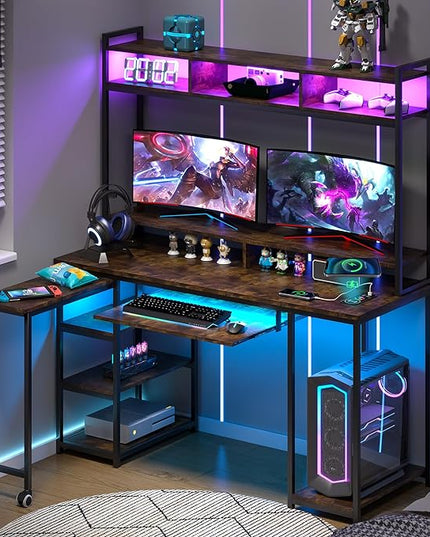 Lvifur RGB Gaming Desk with Wireless Charging Station,7 Dynamic & 24 Static Dimmable Computer Desk with Movable Table, 55'' Home Office Small Desk with Keyboard Tray,Monitor Stand,Display Stand - LeafyLoom