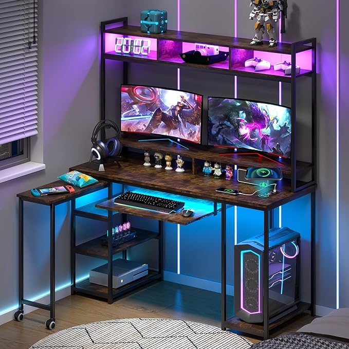 Lvifur RGB Gaming Desk with Wireless Charging Station,7 Dynamic & 24 Static Dimmable Computer Desk with Movable Table, 55'' Home Office Small Desk with Keyboard Tray,Monitor Stand,Display Stand - LeafyLoom