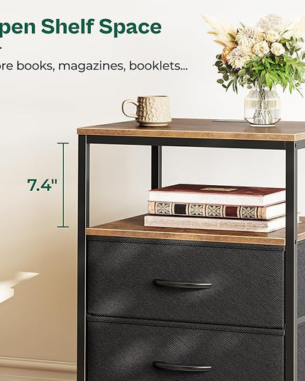 Night Stand with Charger Station, 27.7 Inch Tall Nightstand, Bed Side Table with 2 Fabric Drawers, Fabric Drawer Dresser for Bedroom, Living Room, Rustic Brown and Black - LeafyLoom