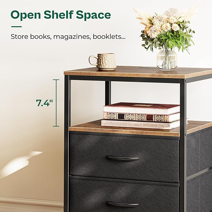 Night Stand with Charger Station, 27.7 Inch Tall Nightstand, Bed Side Table with 2 Fabric Drawers, Fabric Drawer Dresser for Bedroom, Living Room, Rustic Brown and Black - LeafyLoom
