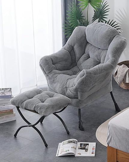 LITA Lazy Chair with Ottoman, Modern Accent Leisure Upholstered Sofa Chair, Contemporary Lounge Reading Chair with Armrests and a Side Pocket for Living Room, Bedroom & Small Space, Plush Grey - LeafyLoom