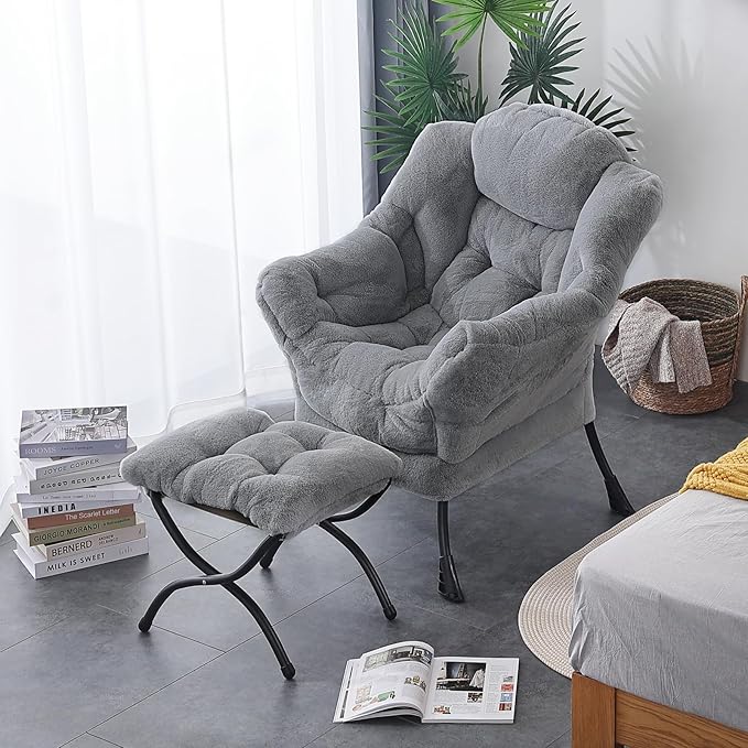 LITA Lazy Chair with Ottoman, Modern Accent Leisure Upholstered Sofa Chair, Contemporary Lounge Reading Chair with Armrests and a Side Pocket for Living Room, Bedroom & Small Space, Plush Grey - LeafyLoom