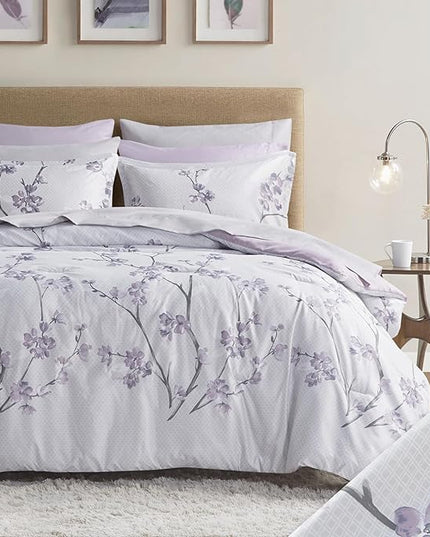 Comfort Spaces Bed in A Bag - Trendy Casual Design Cozy Comforter with Complete Sheet Set with Side Pocket, All Season Cover, Matching Shams King(104"x90"), Kate, Grey/Purple 9 Piece - LeafyLoom