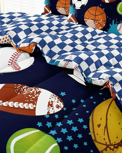 Kids Boys Comforter Set Twin Bed in a Bag w/Sheet Sets, Blue Twin Bedding Sets for Teens Soccer Basketball Baseball Football Sports Themed Bedroom Decor Reversible Design - LeafyLoom