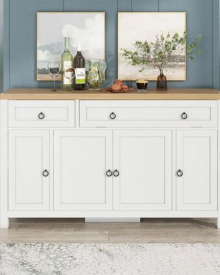 59.1" Retro Style Large Storage Space Sideboard with Flip Door and 1 Drawer,Multifunctional Buffet, w/ 4 Height-Adjustable Cabinets,for Dining, Living Room,Brown+Antique White - LeafyLoom