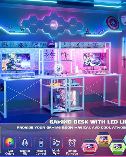 Cyclysio Gaming Desk with Hutch, 39'' Computer Desk with LED Lights & Power Outlets, Home Office Desk with Reversible 5 Tiers Storage Shelves & Monitor Stand, Small Gaming Table for Small Space, White - LeafyLoom
