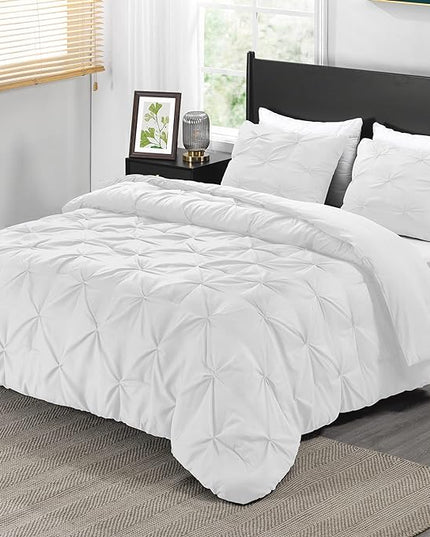 downluxe Pintuck Queen Comforter Set with 2 Pillow Shams - 3-Piece - White Queen Bed Comforter Set for All Seasons, Pinch Pleat Microfiber Down Alternative Bedding Comforter Sets - LeafyLoom