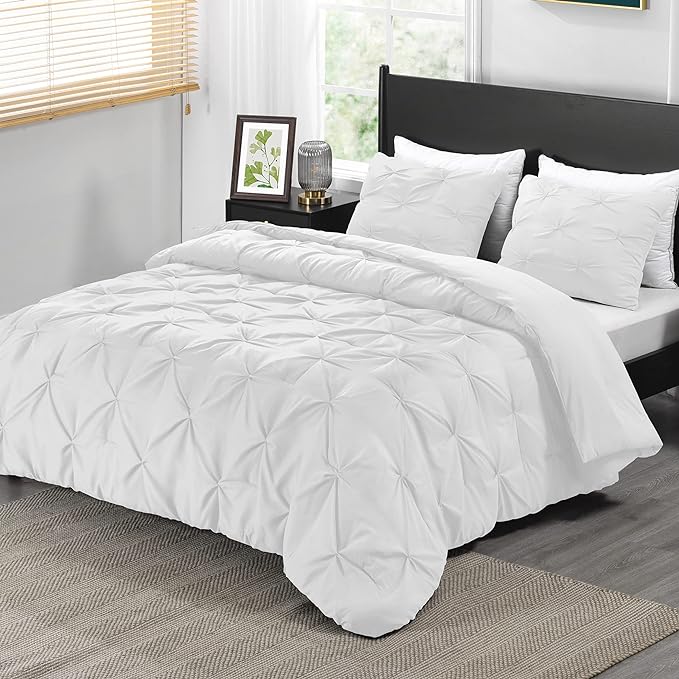 downluxe Pintuck Queen Comforter Set with 2 Pillow Shams - 3-Piece - White Queen Bed Comforter Set for All Seasons, Pinch Pleat Microfiber Down Alternative Bedding Comforter Sets - LeafyLoom