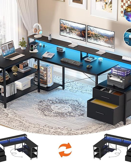 Aheaplus L Shaped Desk with File Drawer, 72.8" Reversible L Shaped Computer Desk with Power Outlet & LED Strip, Gaming Desk with Long Monitor Stand, Office Desk Corner Desk with Storage Shelf, Black - LeafyLoom