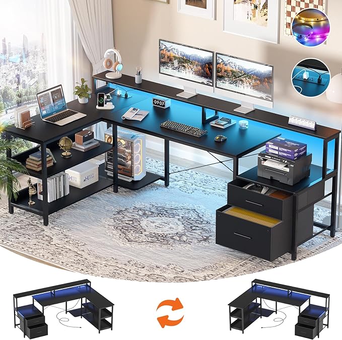 Aheaplus L Shaped Desk with File Drawer, 72.8" Reversible L Shaped Computer Desk with Power Outlet & LED Strip, Gaming Desk with Long Monitor Stand, Office Desk Corner Desk with Storage Shelf, Black - LeafyLoom