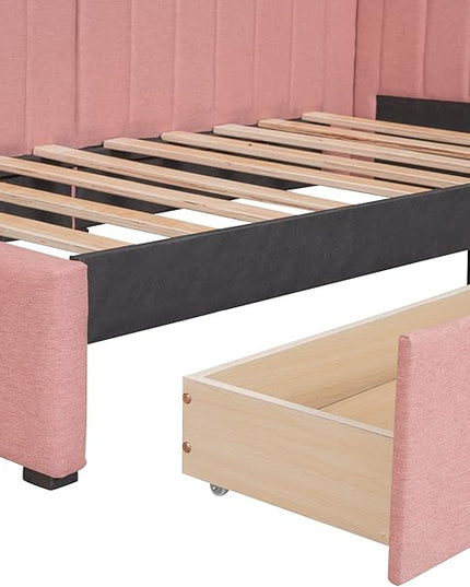 Twin Size Upholstered Daybed with 2 Storage Drawers,Solid Wood Sofa Bed Frame W/Linen Fabric Backrest,No Box Spring Needed,for Living Room Bedroom Apartment Pink - LeafyLoom