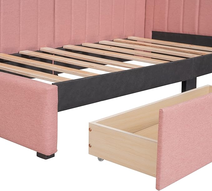 Twin Size Upholstered Daybed with 2 Storage Drawers,Solid Wood Sofa Bed Frame W/Linen Fabric Backrest,No Box Spring Needed,for Living Room Bedroom Apartment Pink - LeafyLoom