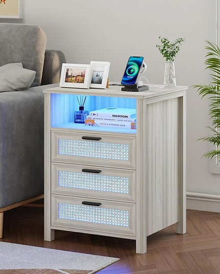 Rattan Nightstand with Charging Station, Night Stand with 3 Drawers and Open Shelf, Bed Side Table with LED Lights for Bedroom, Living Room, Grey - LeafyLoom