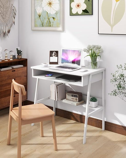 Small Computer Desk, Bureau de Travail, 31.5inch White Desk, Bureau Gaming Desk, Study Table, Sit Stand Desk with Drawers, Wood Dressing Desk with Metal Frame, for Bedroom, Livingroom, Office - LeafyLoom