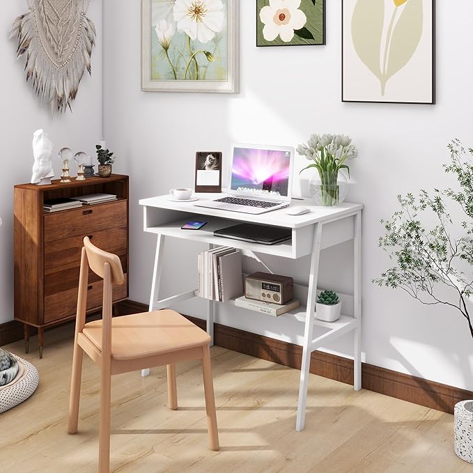 Small Computer Desk, Bureau de Travail, 31.5inch White Desk, Bureau Gaming Desk, Study Table, Sit Stand Desk with Drawers, Wood Dressing Desk with Metal Frame, for Bedroom, Livingroom, Office - LeafyLoom