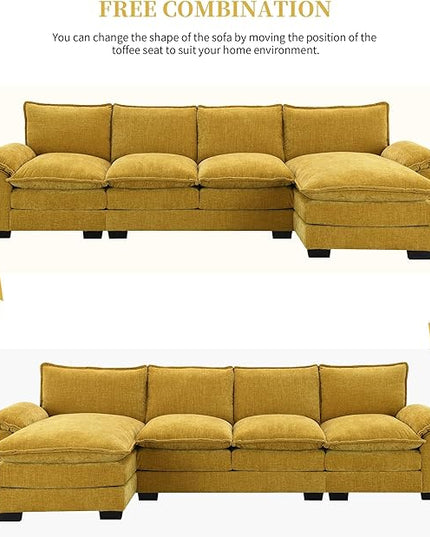118" Sectional Sofa, L-Shaped Couch Set with Double Cushions and Chaise Lounge, 5-seat Upholstered Indoor Furniture for Living Room, Apartment, Office, 118inch, Yellow - LeafyLoom