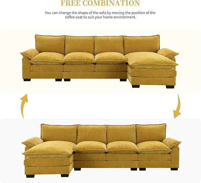118" Sectional Sofa, L-Shaped Couch Set with Double Cushions and Chaise Lounge, 5-seat Upholstered Indoor Furniture for Living Room, Apartment, Office, 118inch, Yellow - LeafyLoom