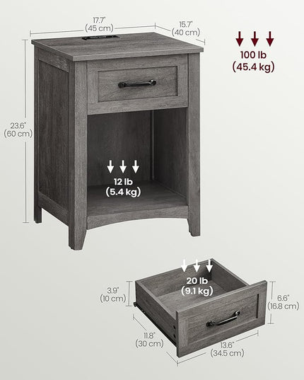 VASAGLE Farmhouse Nightstand with Charging Station, Bedside Table with Drawer, Open Compartment, Side Table with Storage, for Bedroom, Misty Gray ULET659G68 - LeafyLoom
