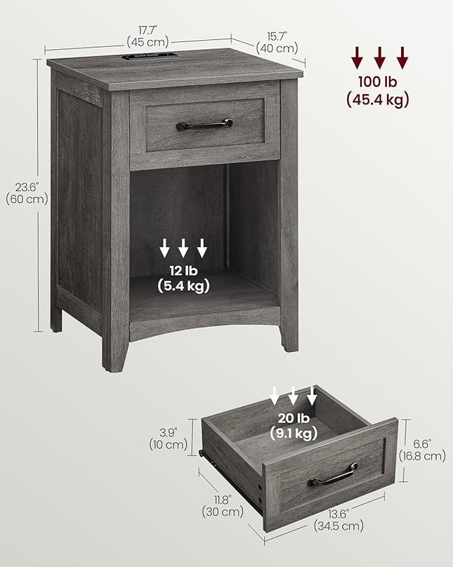 VASAGLE Farmhouse Nightstand with Charging Station, Bedside Table with Drawer, Open Compartment, Side Table with Storage, for Bedroom, Misty Gray ULET659G68 - LeafyLoom