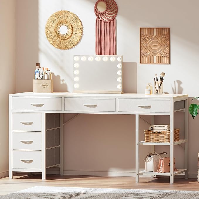 Computer Desk with 6 Drawers, 54 Inch Office Desk with Shelves, Reversible Gaming Desk, Corner Desk with Storage, Work Desk for Home Office, Study, Living Room, White - LeafyLoom