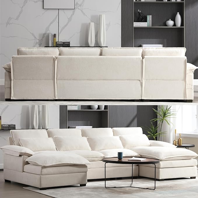 Symmetrical Modular Sectional Sofa with Chaise Lounge, 6 Seater Fabric Upholstered Cloud Couch, U Shaped Oversized Sleeper Sofa&Couches with Thicked Cushion & Detackable Backrest Living Room - LeafyLoom