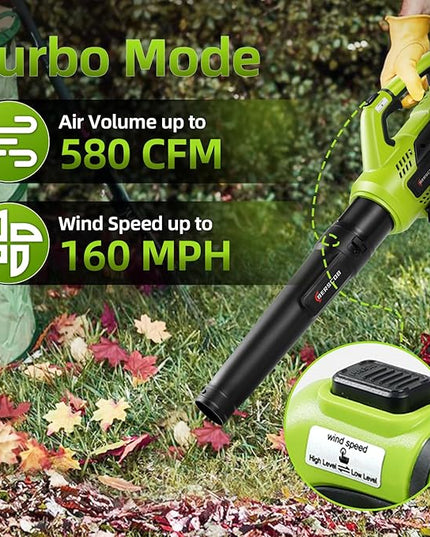 Leaf Blower Cordless, 580CFM/160MPH Electric Leaf Blower with 4.0Ah Battery Powered, Blower with Extension Nozzle, Lightweight Leaf Blowers for Lawn Care, Yard, Garage, Patio & Sidewalk Blowing - LeafyLoom
