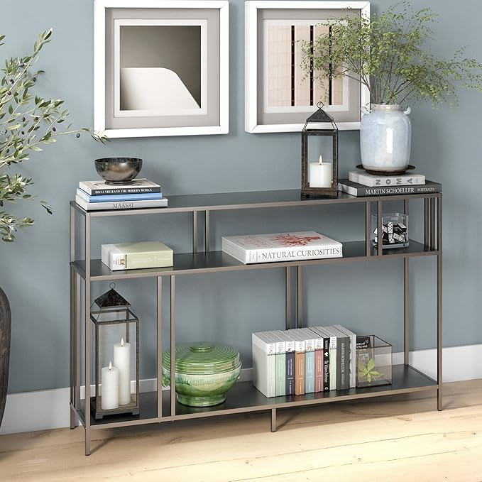 Henn&Hart 48" Wide Rectangular Console Table with Glass Shelves in Brass, Entryway Table, Accent Table for Living Room, Hallway - LeafyLoom