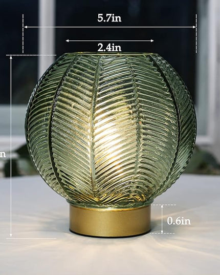Battery Powered Lamp with Timer, Cordless Battery Operated Table Lamp with LED Bulb, Decorative Small Lamp Glass for Nightstand Bedside Bedroom Living Room-Green - LeafyLoom