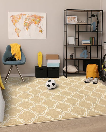 Chicrug Shag Geometric Modern Area Rug for Living Room, 3x5 Feet Large Memory Foam Indoor Carpet, Fluffy Rug for Bedroom Bedside Room Decor for Family Girls Kids Nursery, Beige/White - LeafyLoom